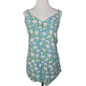cAbi Women's Blue/Green Floral Rayon Spaghetti Strap Tank Top Medium M